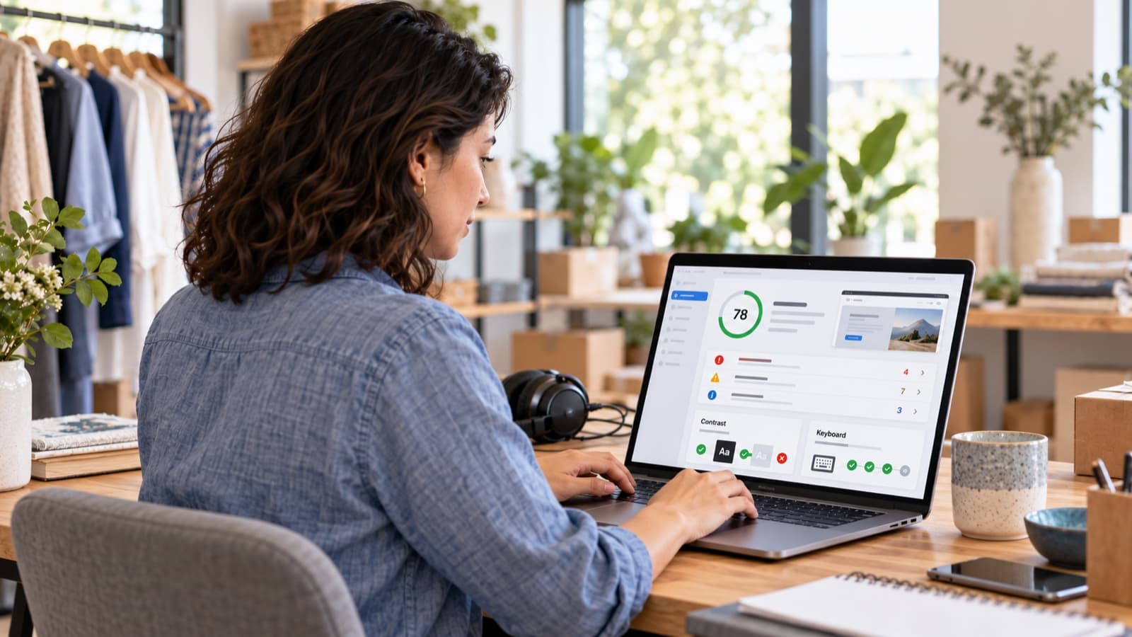 Small business owner reviewing an accessibility audit dashboard on a laptop