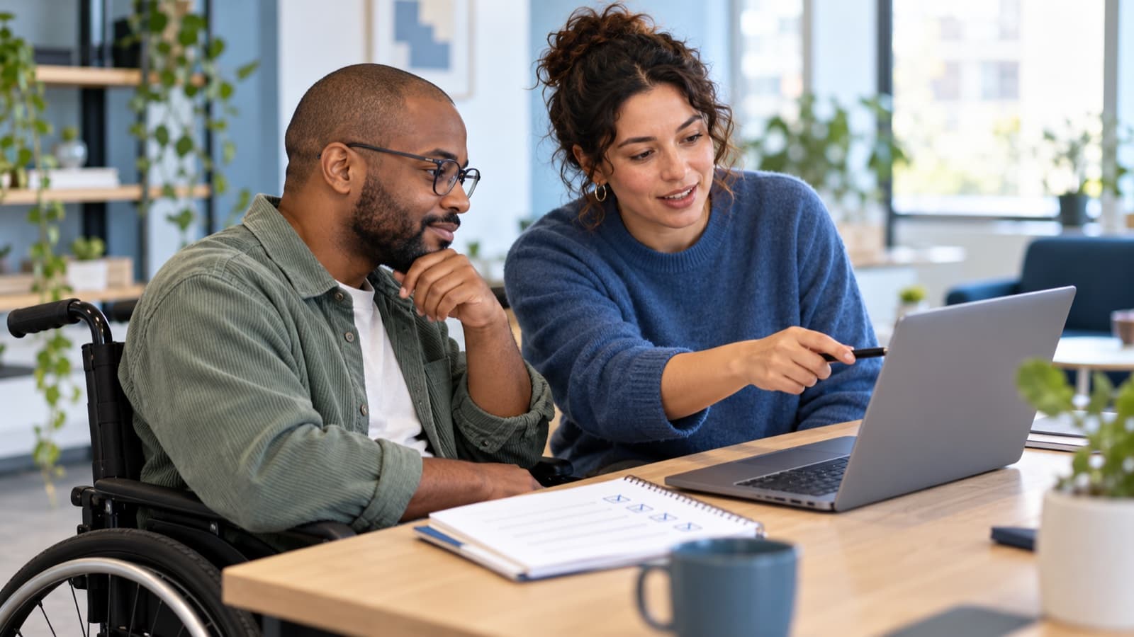 Accessibility specialist and wheelchair user reviewing a website together