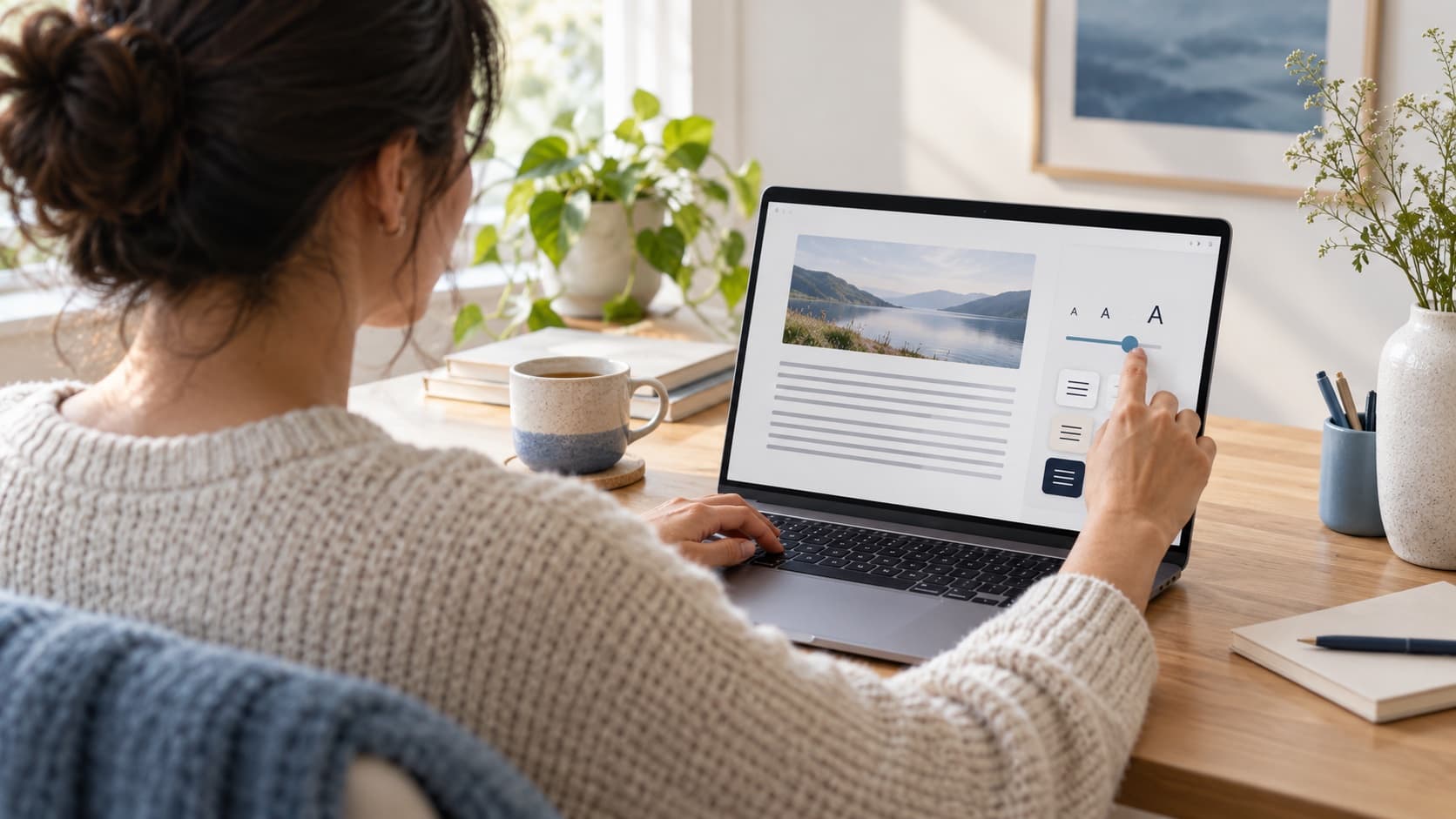 Reader adjusting text size on a laptop webpage